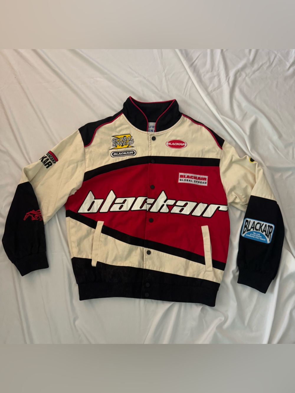 Sold - Black and Red Canvas Bomber Racing Jacket with Patches